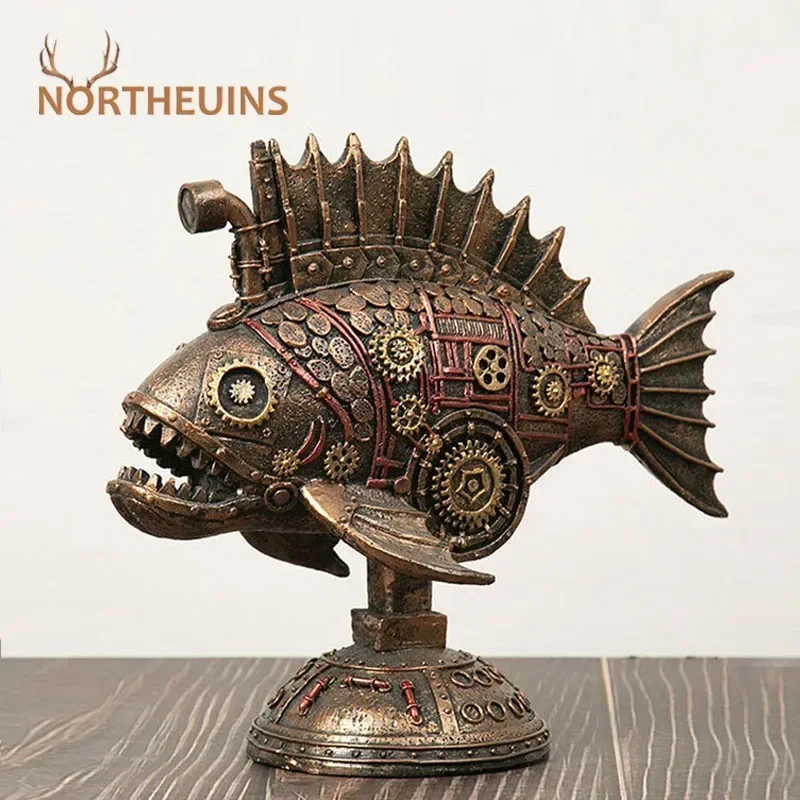 

NORTHEUINS Resin Retro Steampunk Blackfish Figurines Black Whale Classic American Craft Home Living Room Office Decor Accessorie