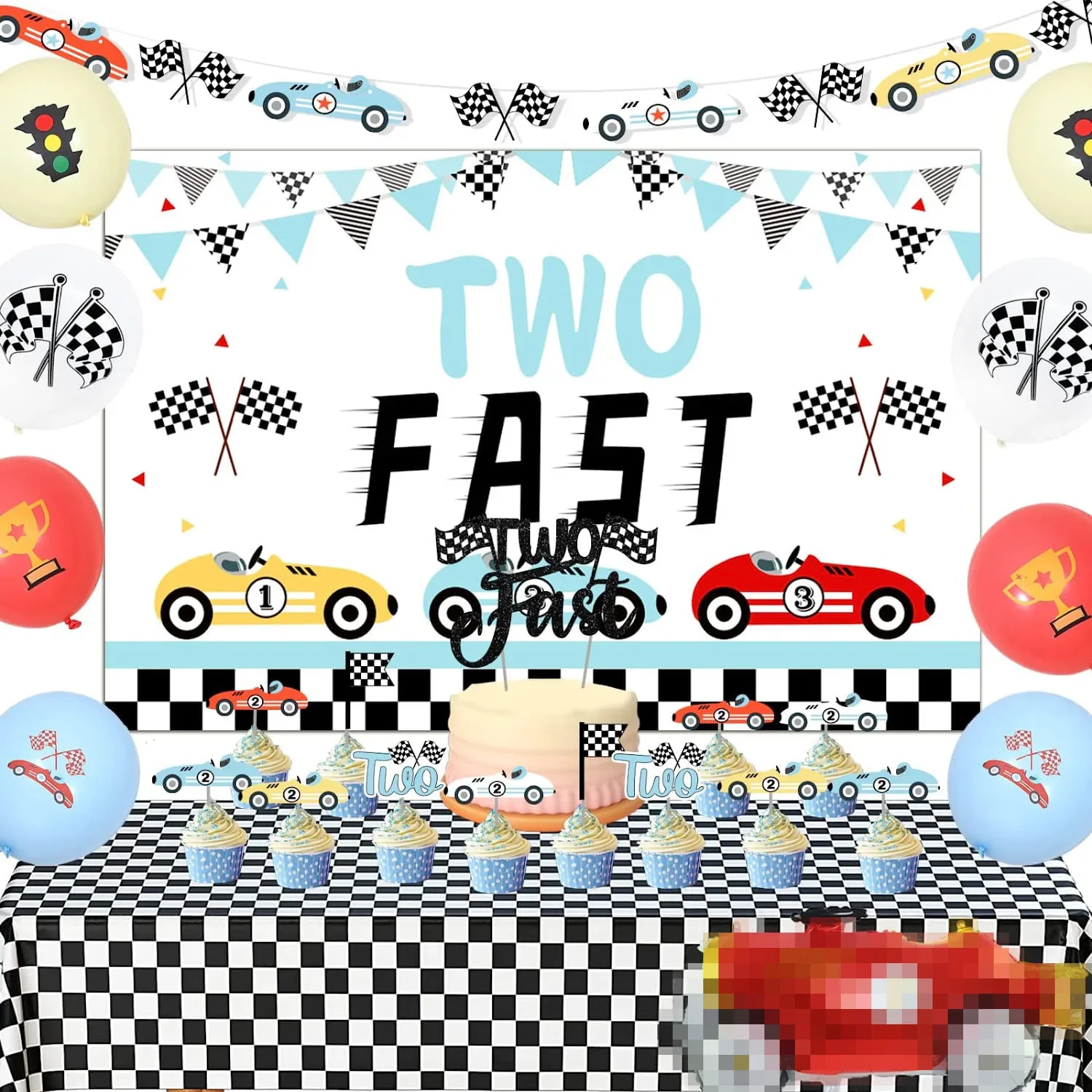 

Funmemoir Vintage Two Fast 2nd Birthday Party Decorations Pastel Color Balloons Retro Race Car Backdrop Cake Topper Kit for Boys