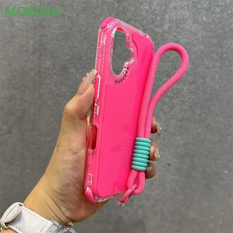 Candy Colored Airbag Shockproof Cover for iPhone 16 15 14 Plus 13 12 11 Pro Max Luxury Lanyard Case for iPhone 7 8 X Xr Xs Max