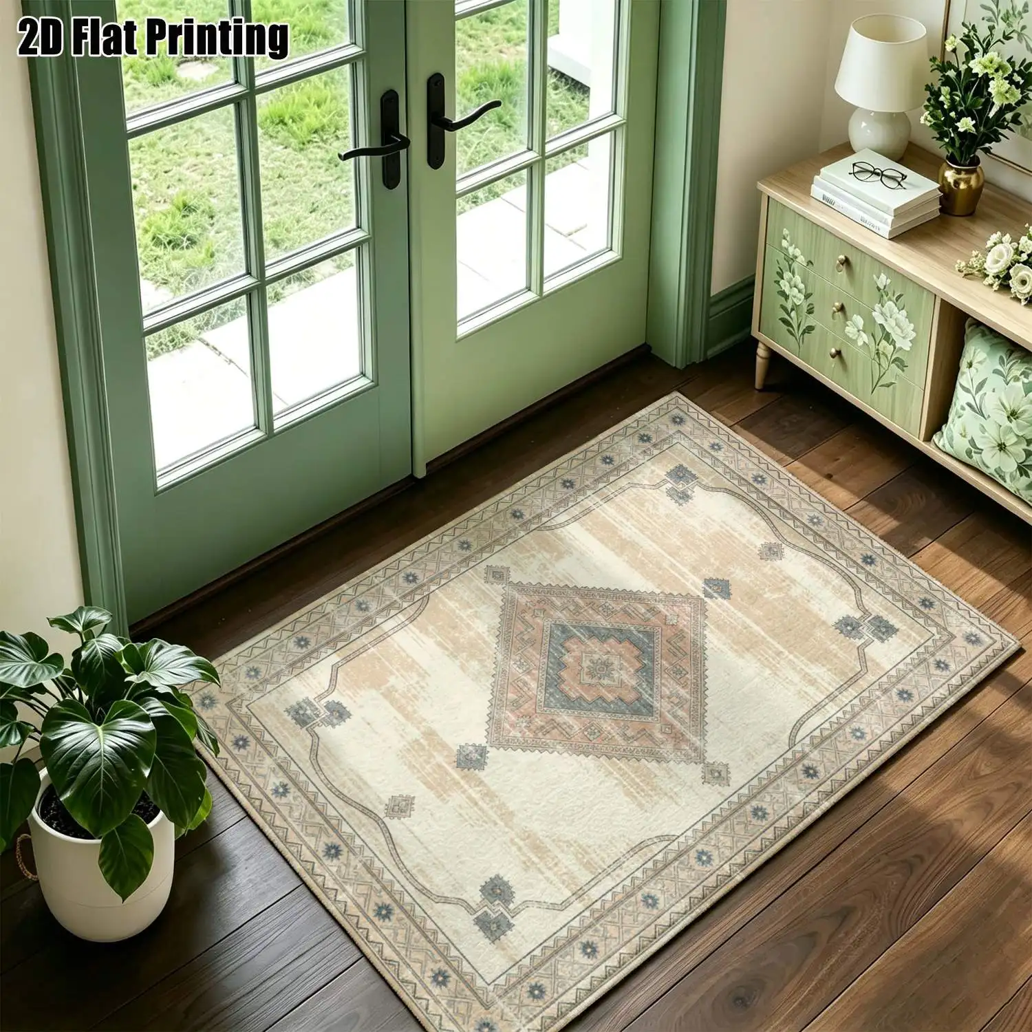 1Pc 2D Printed Geometric Carpet: Beige, Blue & Gray Nordic Vintage Bohemian European Style, Home Decor, Multi-Size, Machine Washable, Suitable for Entrance, Living Room, Bedroom, Dining Room, Foyer