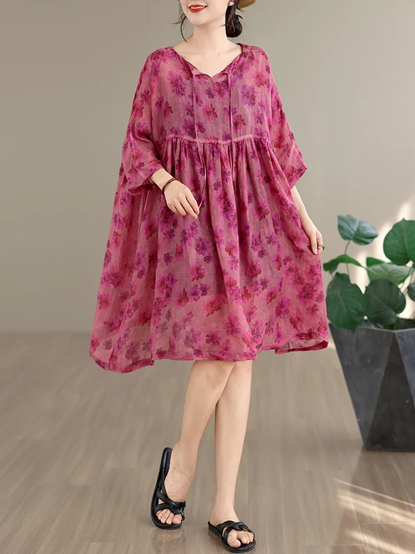 

Retro Floral Print Doll Dress Women's Summer Loose Fitting Maternity High Waist Cotton Cake Skirt Short Sleeve City Commute