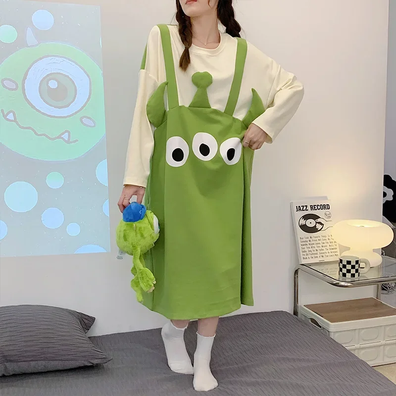 three-eyed dress cartoon pure cotton round neck long-sleeved casual dress silk pajamas women's Disney women's pajamas clothing