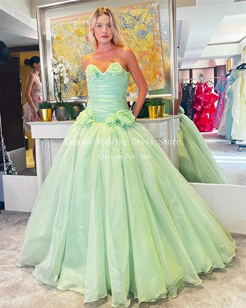 Qunque Mintgroen Avondjurken Sweetheart Organza Galajurk Handgemaakte Bloemen Formele Jurk Korset Robe De Soiree Aangepast