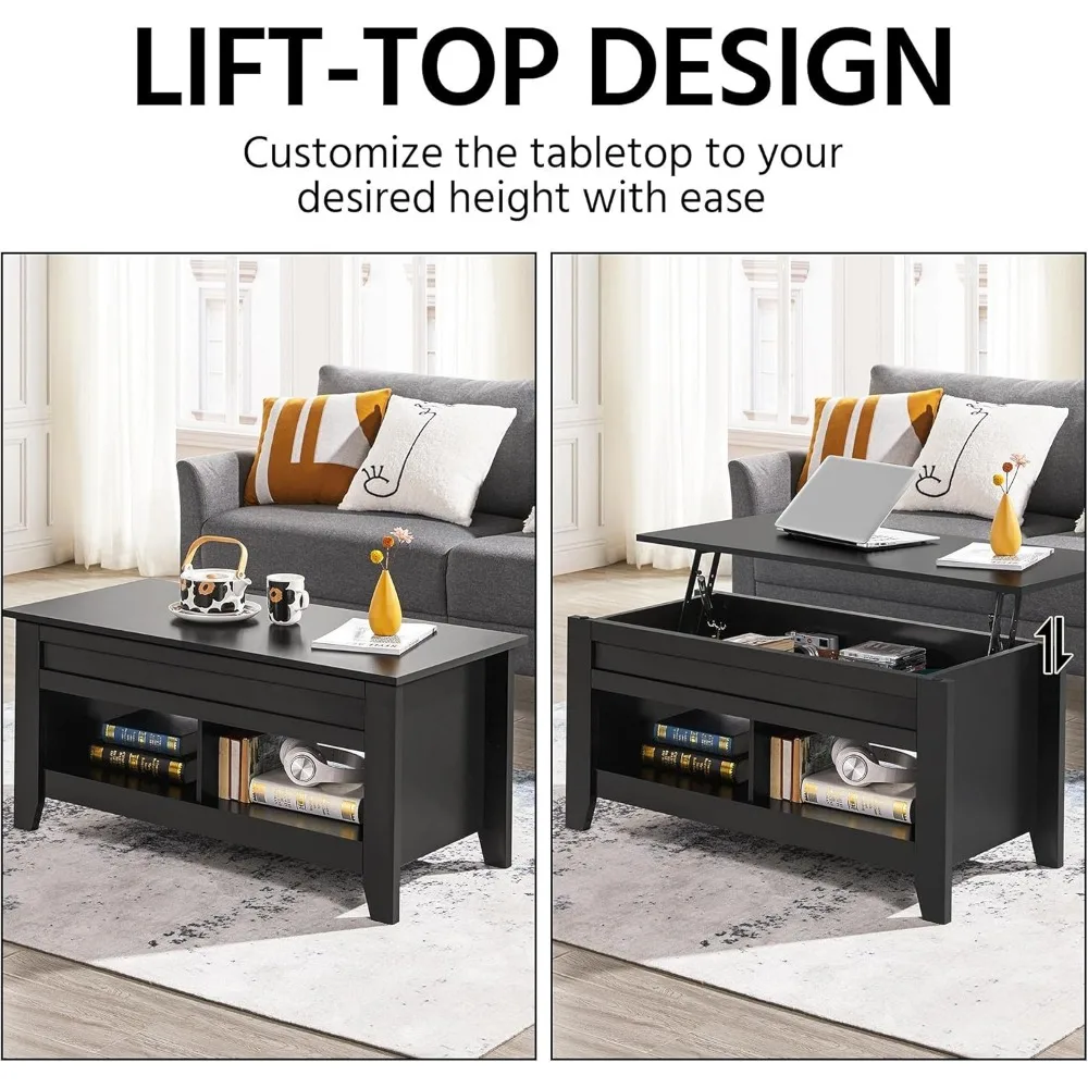 

Lift Top Coffee Table with Hidden Storage Compartment & Open Shelf, Lift Tabletop Farmhouse Cocktail Table for Living Room