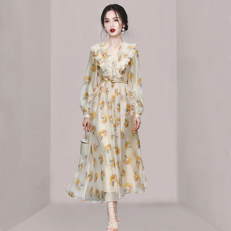 Spring Women's New Fashion Print Lantern Sleeves Midi Dress Women's Vintage V-Neck Ruffles Floral Vacation Beach Vestidos