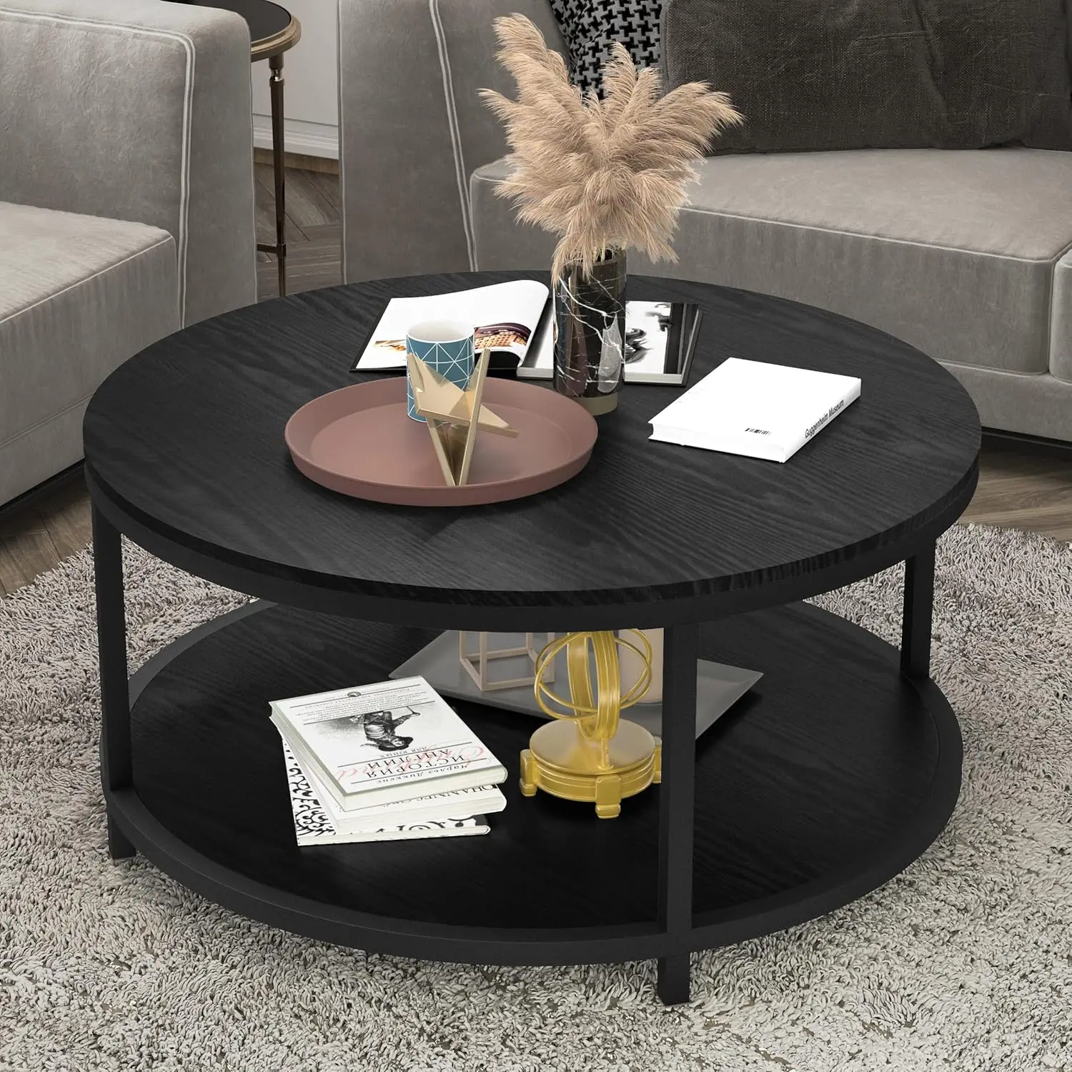 Mesa de centro redonda de 36 pulgadas, pata de metal resistente, mesa de sofá industrial para sala de estar, diseño moderno con almacenamiento (negro)