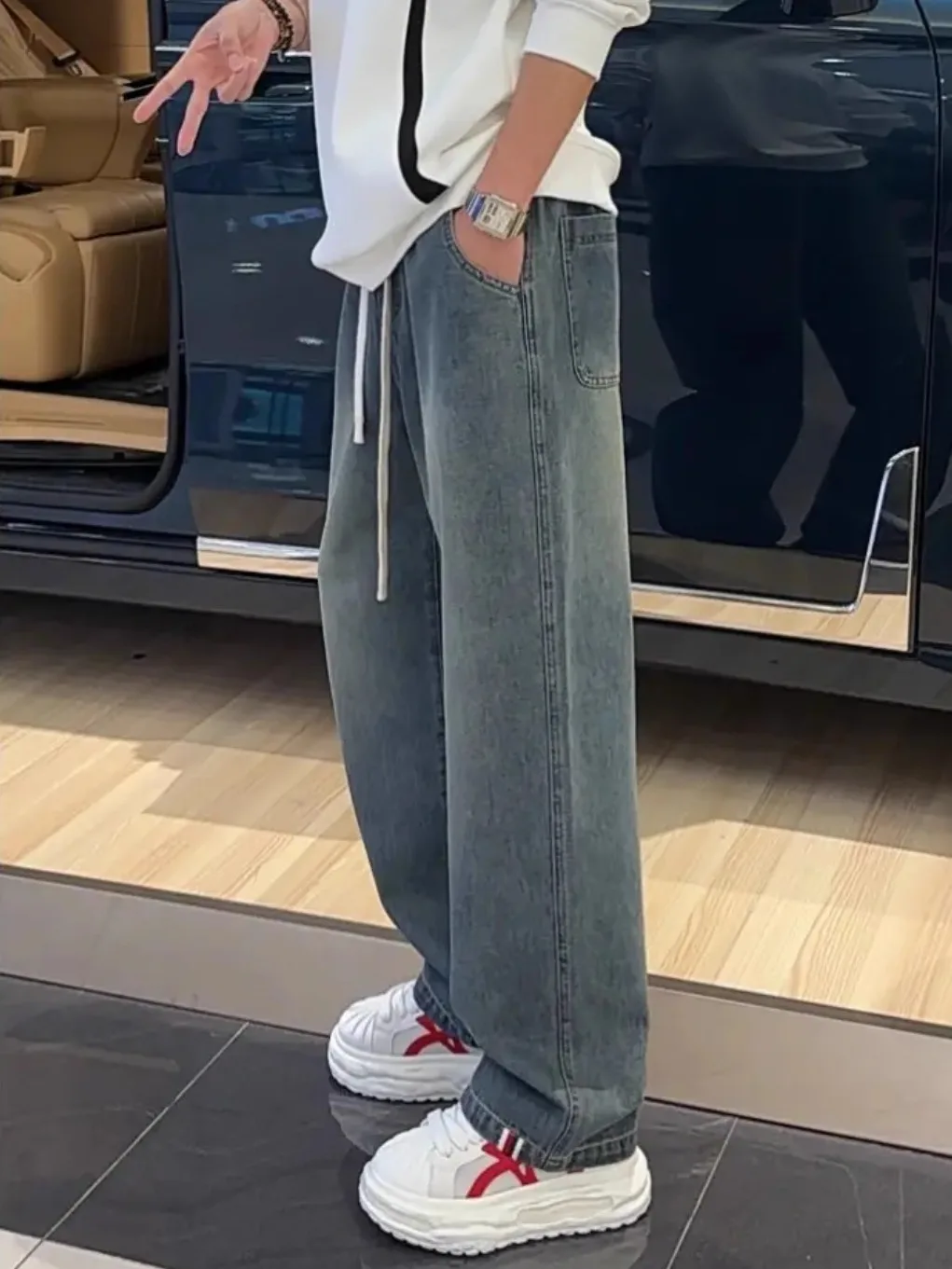 

Мужские осенние повседневные джинсовые брюки с драпировкой, свободные прямые брюки, модные корейские универсальные прямые джинсы для отдыха