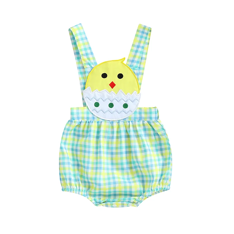 

Пасхальный комбинезон для малышей, комбинезоны с клетчатым принтом и вышивкой цыпленка, шорты без рукавов на подтяжках для мальчиков и девочек