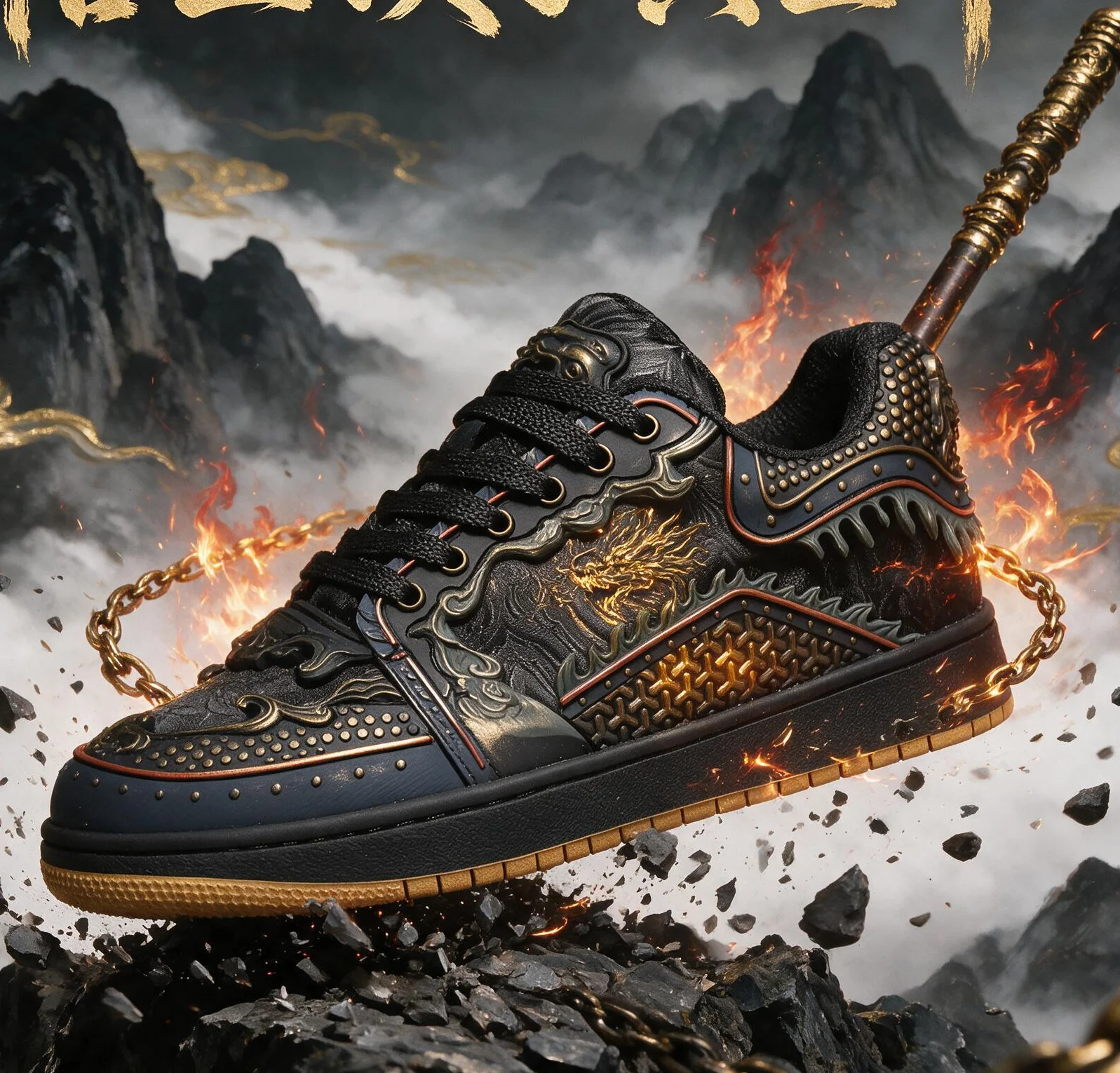 Men Wukong Chain‑mail Totem Board Shoes 2026 Chinese Style Low‑top Rubber Sole Wear‑resistant Lace‑up Sneakers Black Blue