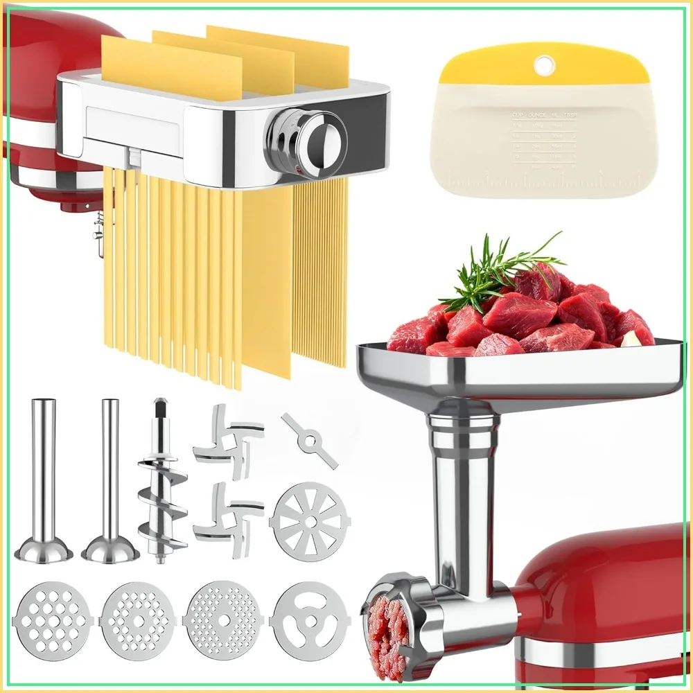 Meat Grinder & Pasta Maker Attachment for Kitchenaid Stand Mixers, Includes Sausage Stuffer, 3-in-1 Pasta Set, Dough Cutter