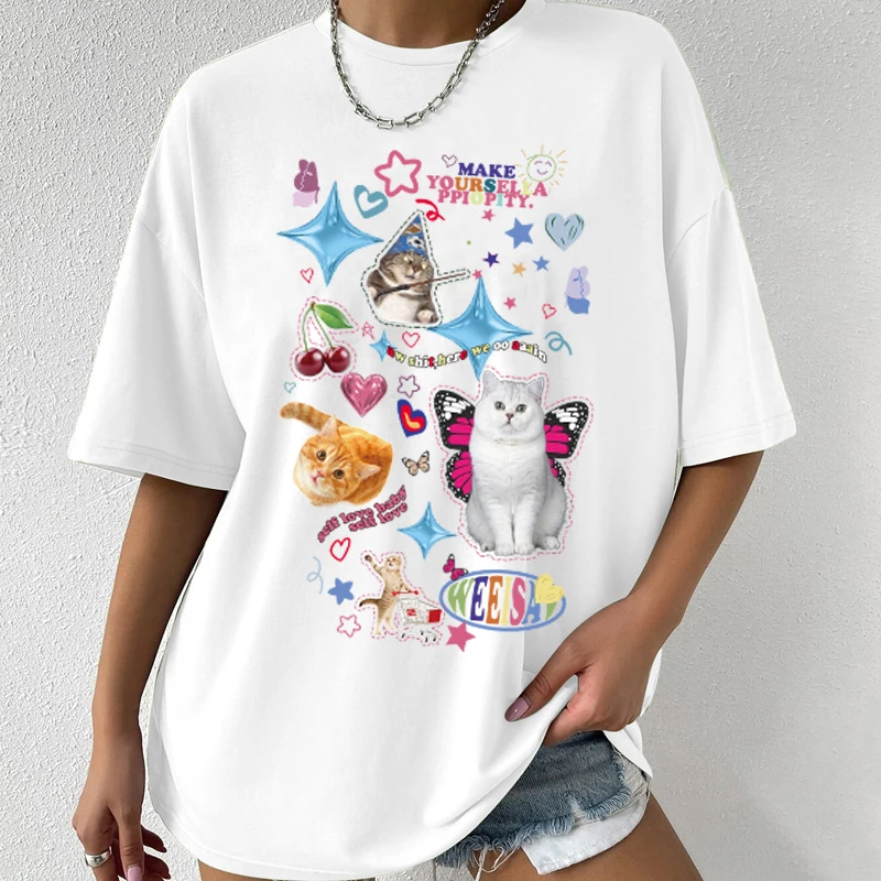 Stay Trip Summer  Cartoon Strawberry T-shirts Harajuku Short Sleeve Loose OCasual Tops Women O Neck All Match Casual Tees