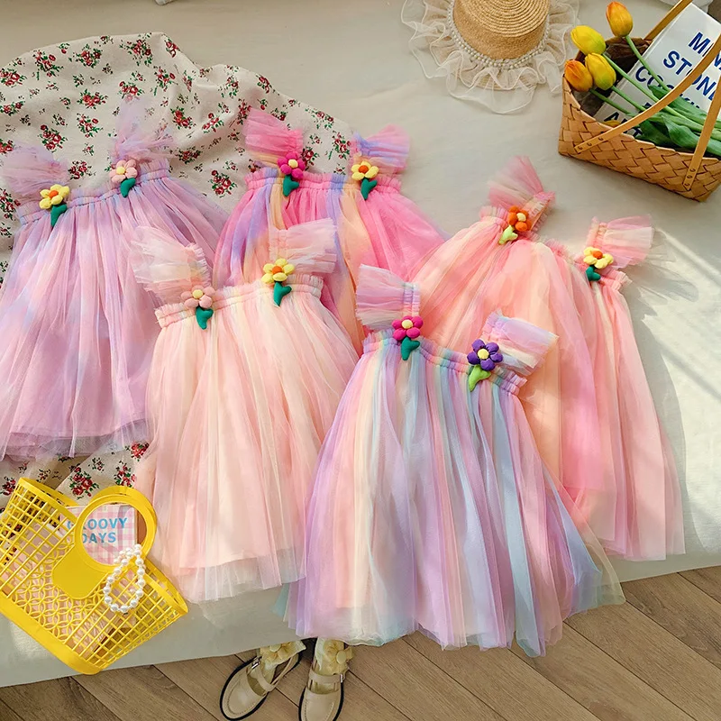 

insChildren's Rainbow Mesh Girls Dress25Summer Three-Dimensional Flower Flutter Sleeve Girl's Princess Dress Puffy Dress