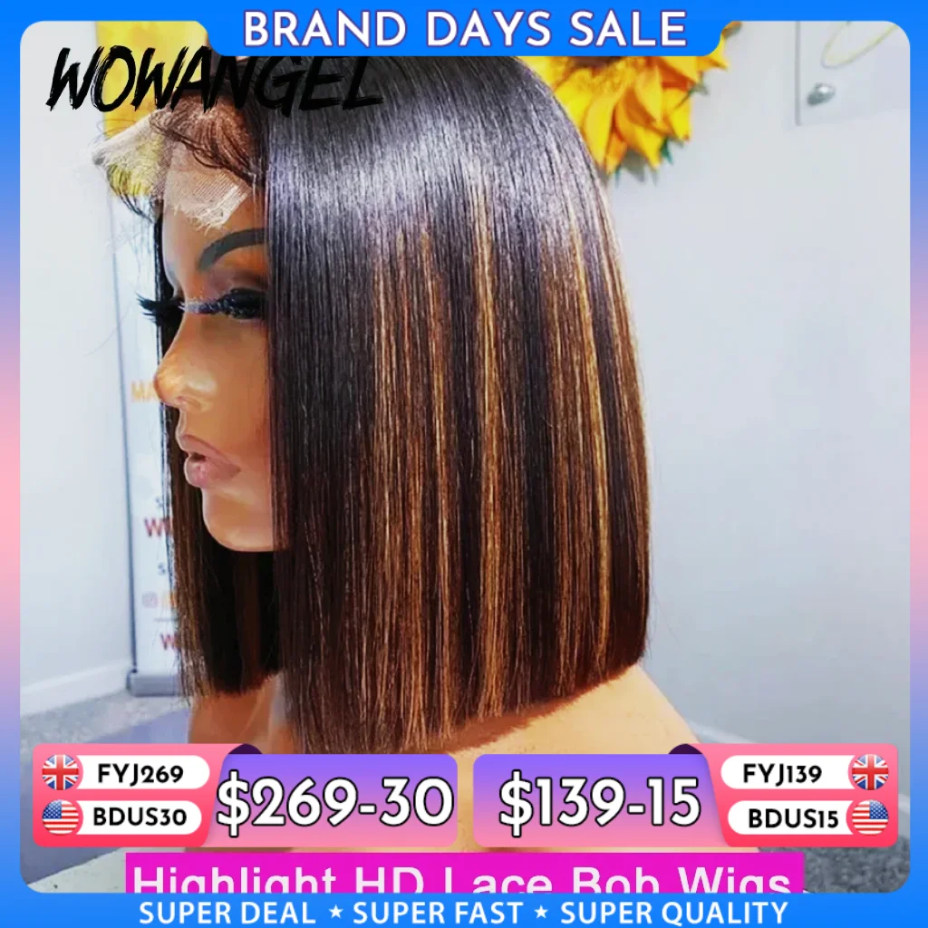 Wow Angel Short Straight Bob Wigs 13x4 Lace Front Human Hair Wigs 1B30# Highlight PrePlucked 5x5 HD Lace Closure Wigs for Woman