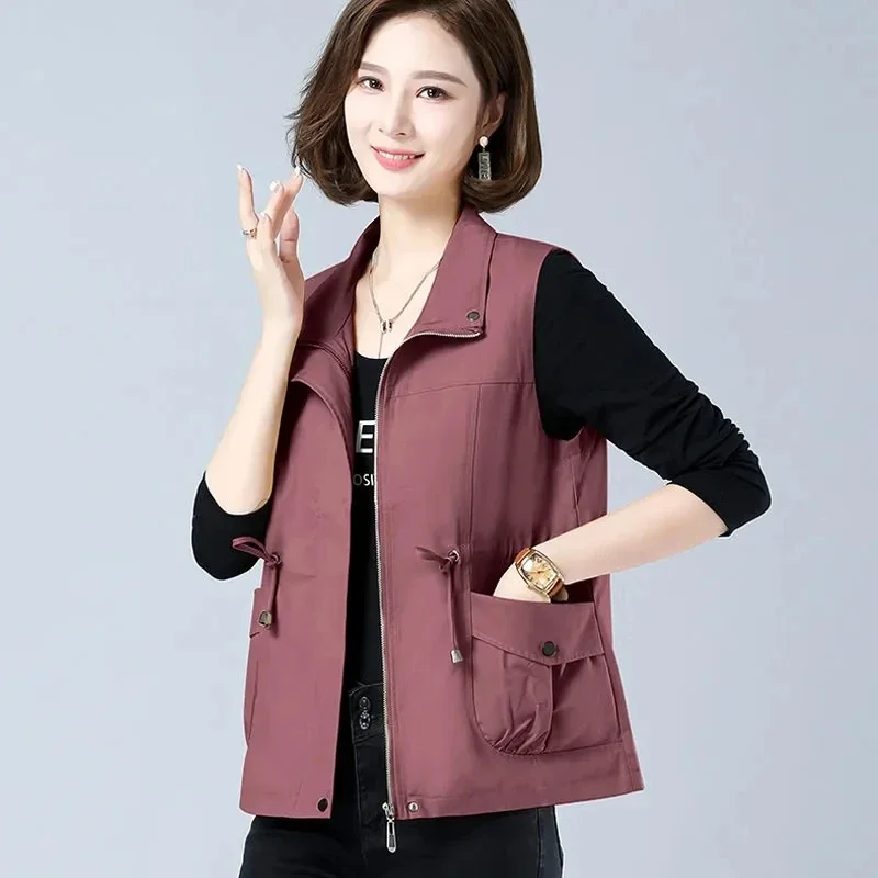 Slim Waist Vest Mother Fashion Waistband Women's Sleeveless Jacket Solid Turndown Collar Chalecos Spring Basic Tops V1673