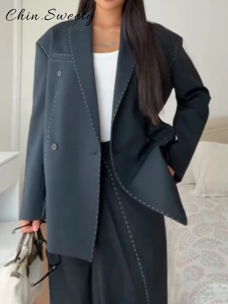 

Модный комплект брюк для костюма, женский комплект с лацканами и длинными рукавами, двойной пиджак с карманами, прямые брюки, осень-зима 2024, женские костюмы