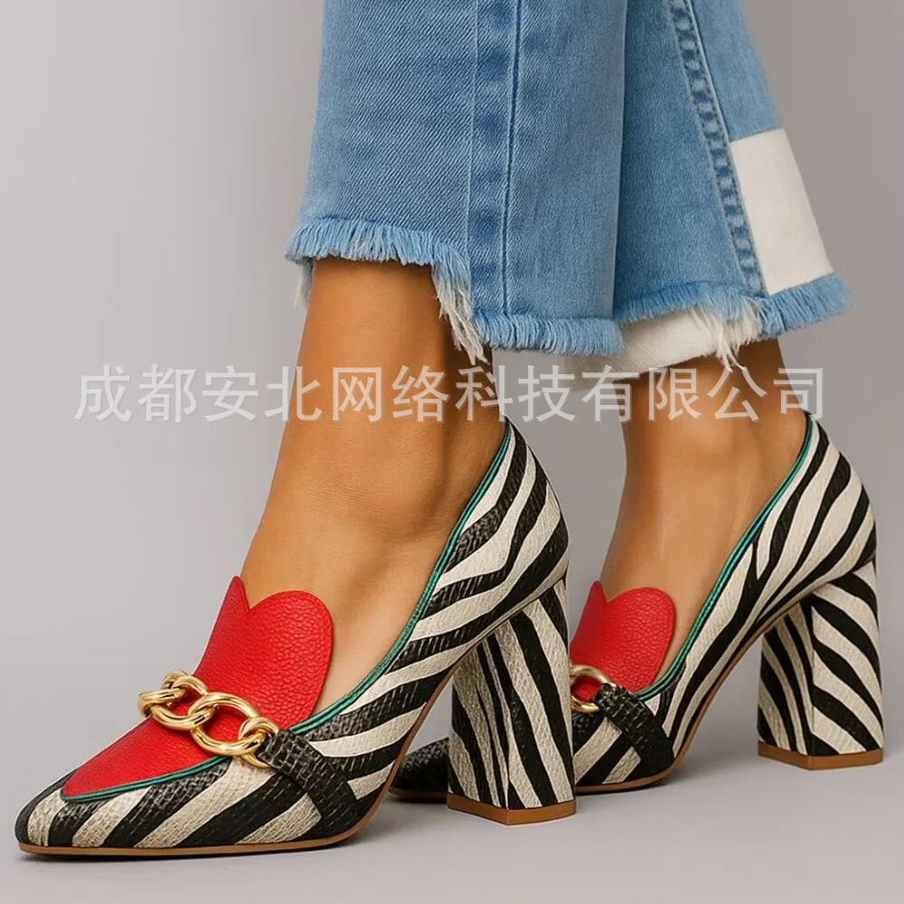 Print Block Heel Pumps Women Red Heart Metal Chain Square Toe High Heels Shoes