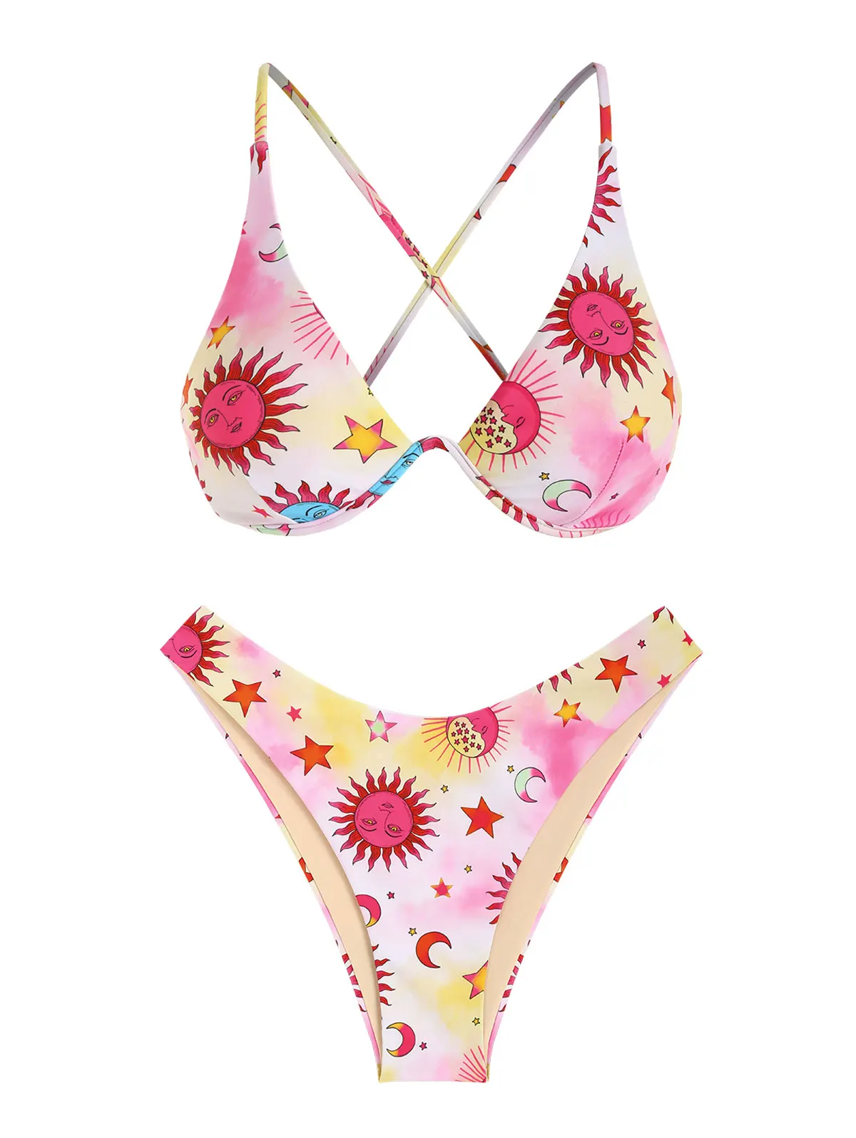 ZAFUL Criss Cross Sun Moon Star Print Monowire Bikini Swimwear