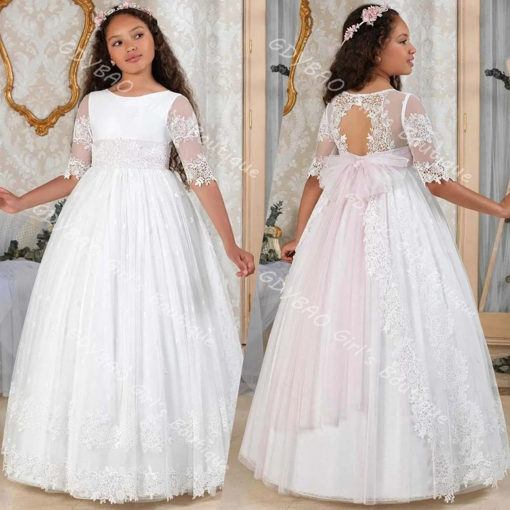 Vintage Lace First Communion Dress Half Sleeves Keyhole Back Princess Flower Girl Dress with Sash/Ribbon Kids Custom Party Gown