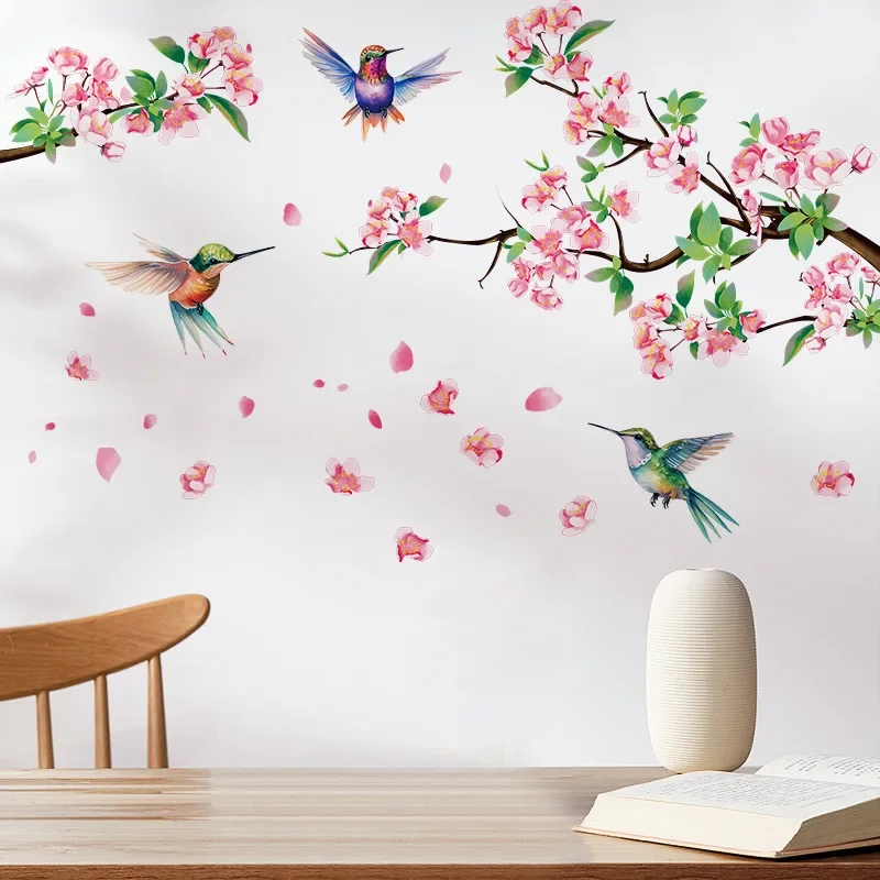 Tree Branches Pink Peach Blossoms Flowers Birds Wall Stickers For Bedrooms Living Rooms Background Walls Decorative