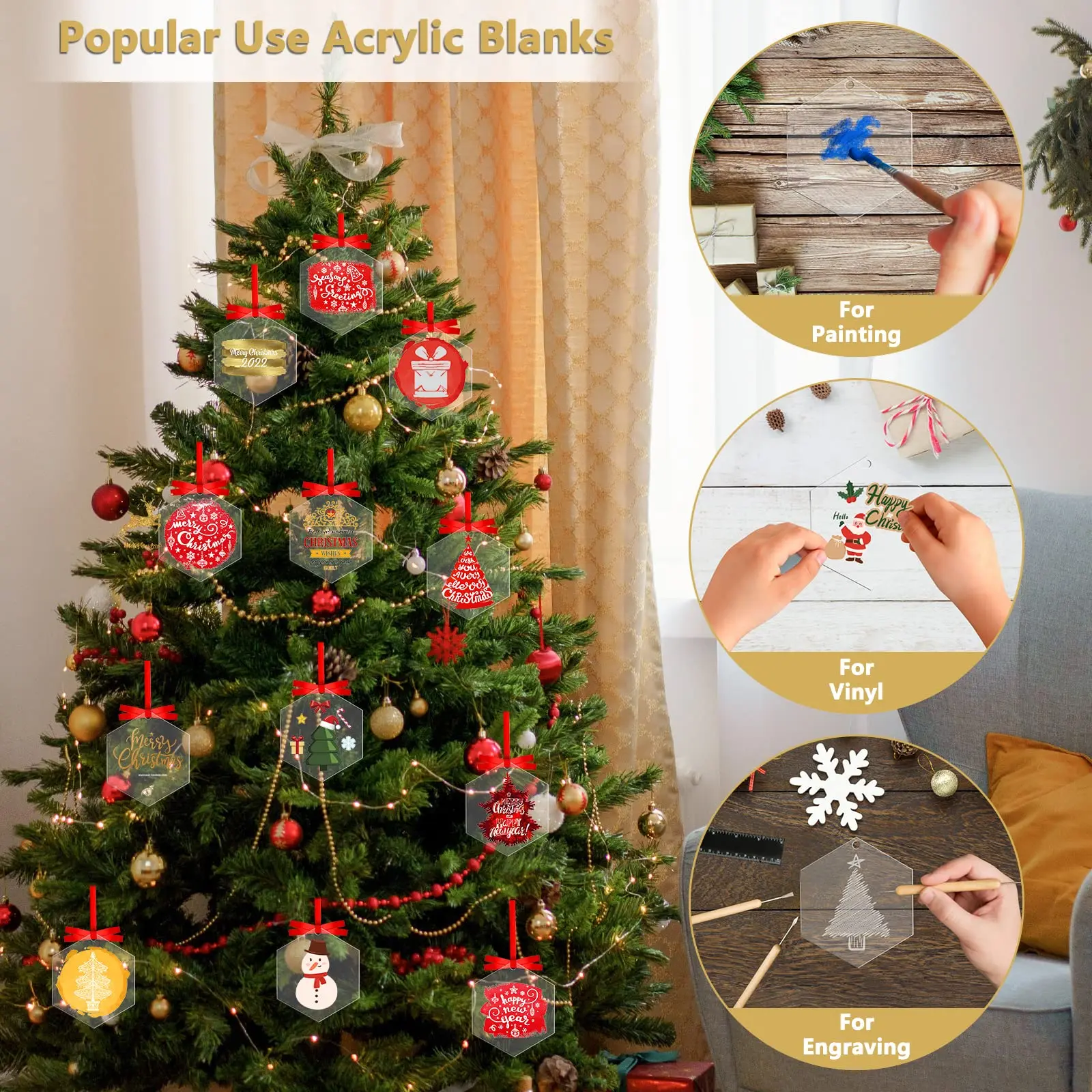 زينات فارغة من الأكريليك السداسي الشفاف ، زينات ذاتية الصنع فارغة لعيد الميلاد ، 3 "، 50" #2