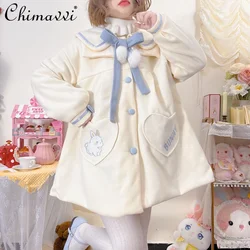Plus Size Lolita Coats Sweet and Cute Doll Collar Cartoon Printed Wool Coat Lace-up Bow Girls Winter New Kawaii Women Jacket