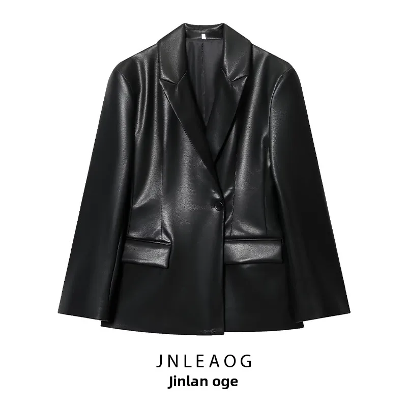 بدلة تأثير جلدية بقصة ضيقة من Faionable Jaet للسيدات لخريف جديد Sle JNLEAOG Commute Sle جلد صناعي طويل Sve