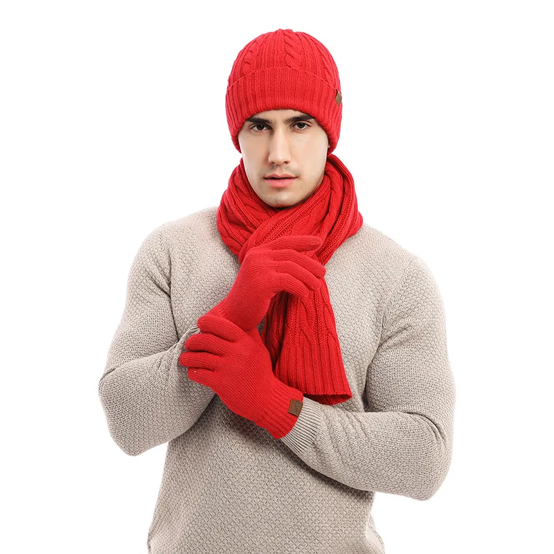 

European and American autumn and winter knitted thick wool hat classic crimp men and women warm hat scarf gloves three pieces