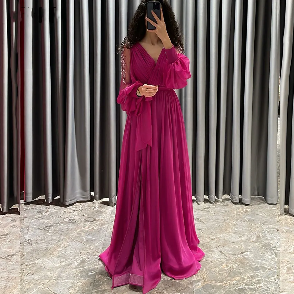 

Beaded Evening Dresses Chiffon 2023 Pleats V Neck A Line with Sash with Slit Puffy Long Sleeves Graduation Prom Gowns