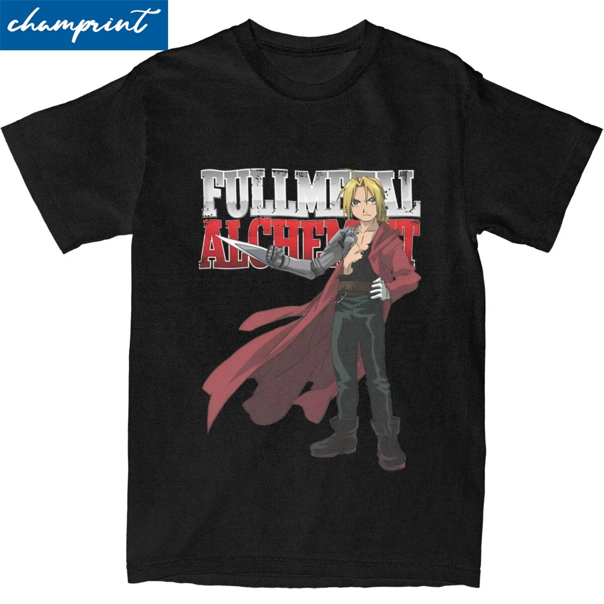 Retro Fullmetal Alchemist Edward Elric Tshirts Unisex Cotton Short Sleeve Crewneck Summer Top Tee