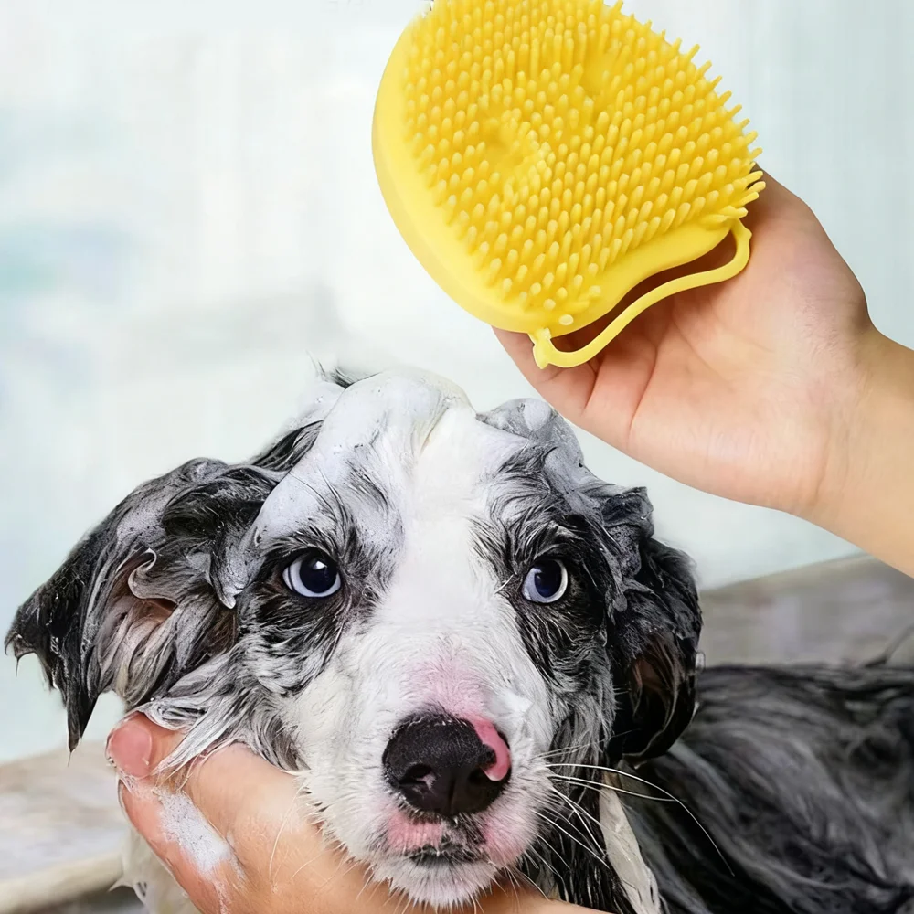 

Pet Bath Massage Brush Puppy Dog Cat Grooming Cleaning Soft (Yellow)