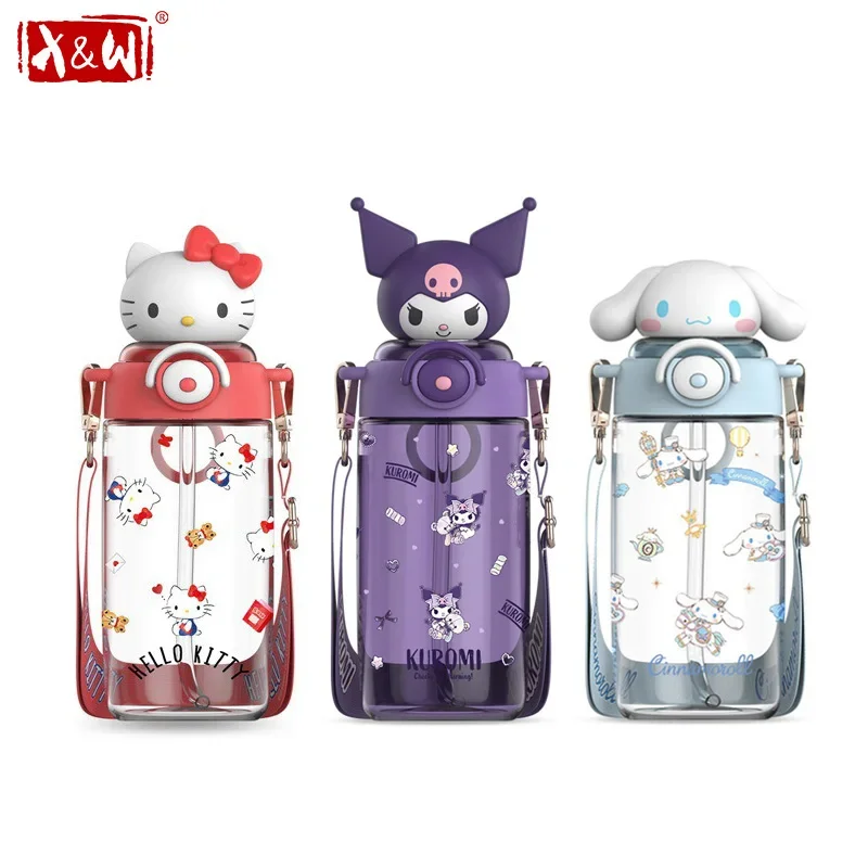 X&W Kawaii Sanrio Dolls Straw Cup 650ml Cartoon Hello Kitty Kuromi Plastic Water Bottle Outdoor Sports Cold drink cup Kids Gift