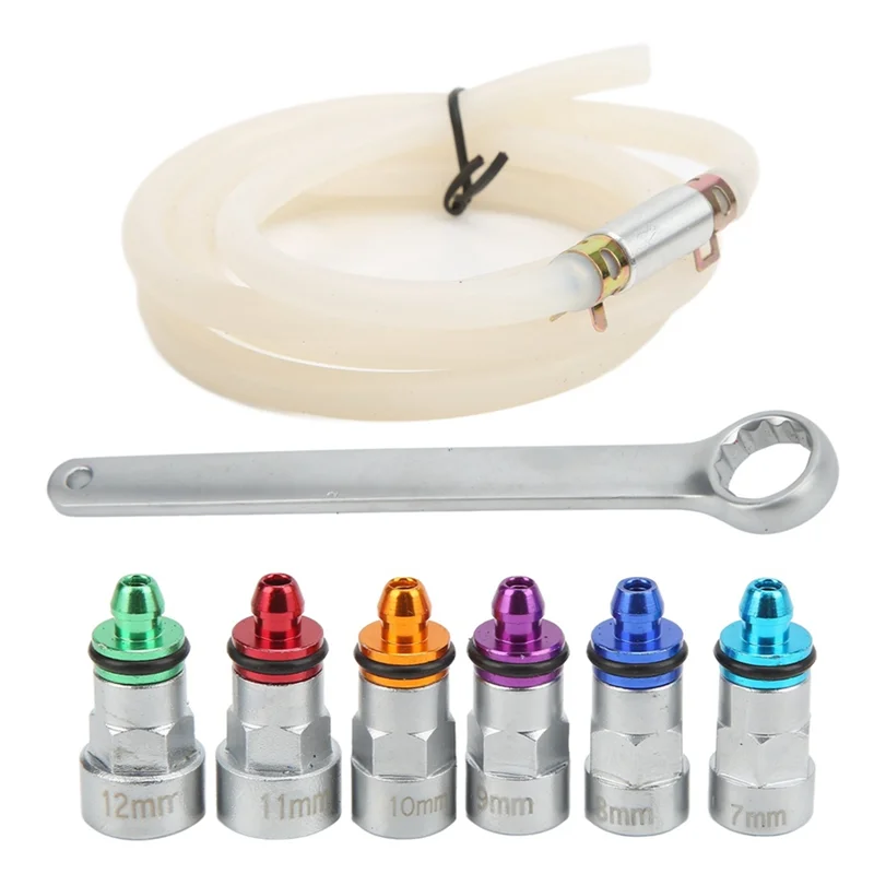 

Комплект гаечных ключей для прокачки тормозов, 1 сливной шланг, 6 переходников, металлический, прочный, универсальный для автомобиля, легкового грузовика