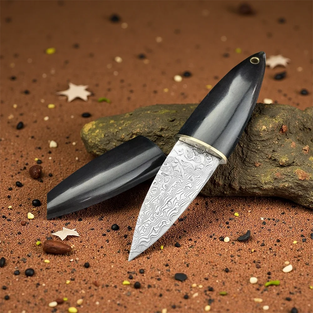 

Damascus Steel Hunting Fixed Blade Knife Ebony Handle Multi-functional EDC Outdoor Camping Hunting Cutting Emergency Rescue Tool