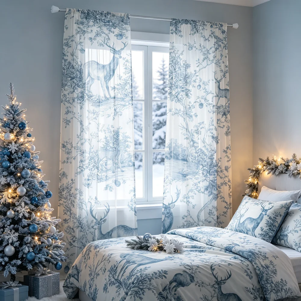 2PCS Christmas Curtains, Blue Line Art Deer Trees Print, Bedroom Living Room Window Drapes, Rod Pocket Polyester, Home Decor