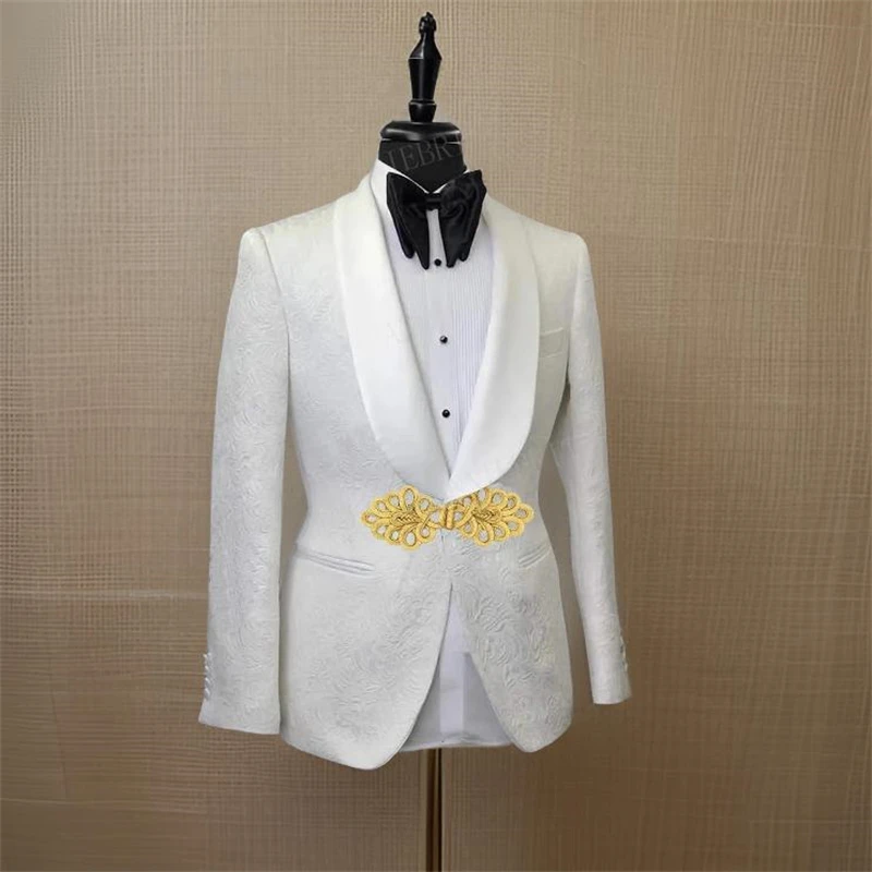 Floral Men Suit Jacket with Gold Mandarin Button 1 Pc Wedding Tuxedo Blazer Shawl Lapel Slim Fit Fashion African Style Male Suit