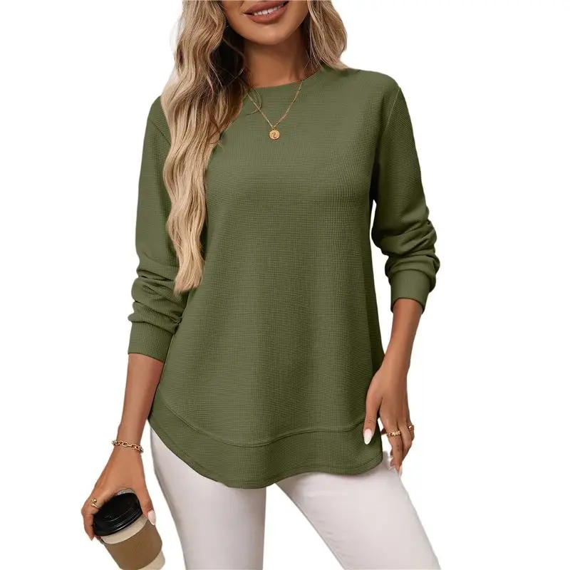 

CYL-Women's Loose Waffle Casual Versatile Knitted Long-Sleeved T-Shirt