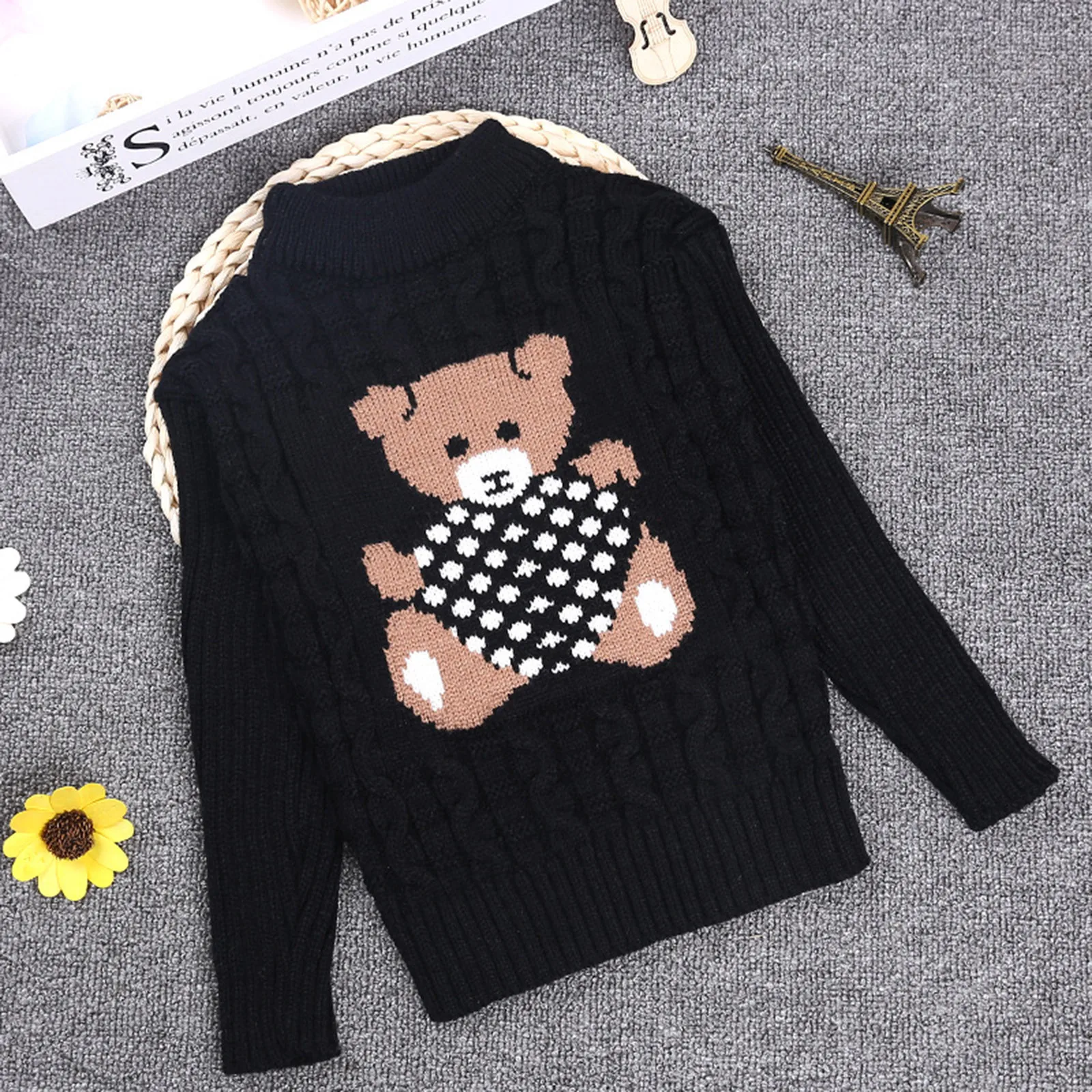 3-8 Years Warm Cute Winter Boys Girls Sweater Cartoon Bear Knitted Bottoming Turtleneck 2024 Children Birthday Present Sweaters