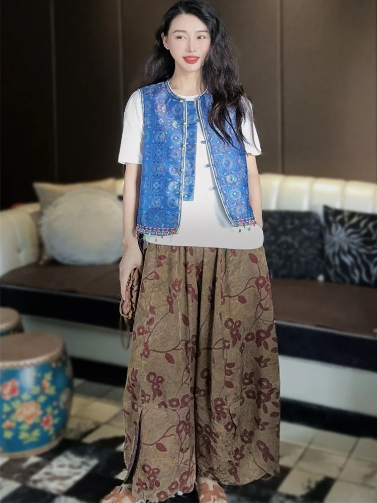 

Ретро-китайские шелковые брюки Xiangyun с широкими штанинами, женские, с высокой талией, утягивающие, свободные, повседневные, S502, с цветочным принтом