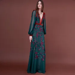 L231 New Arrival Elie Saab Puff Long Sleeves green Chiffon Beaded vestidos de fiesta  فساتين سهره evening dresses