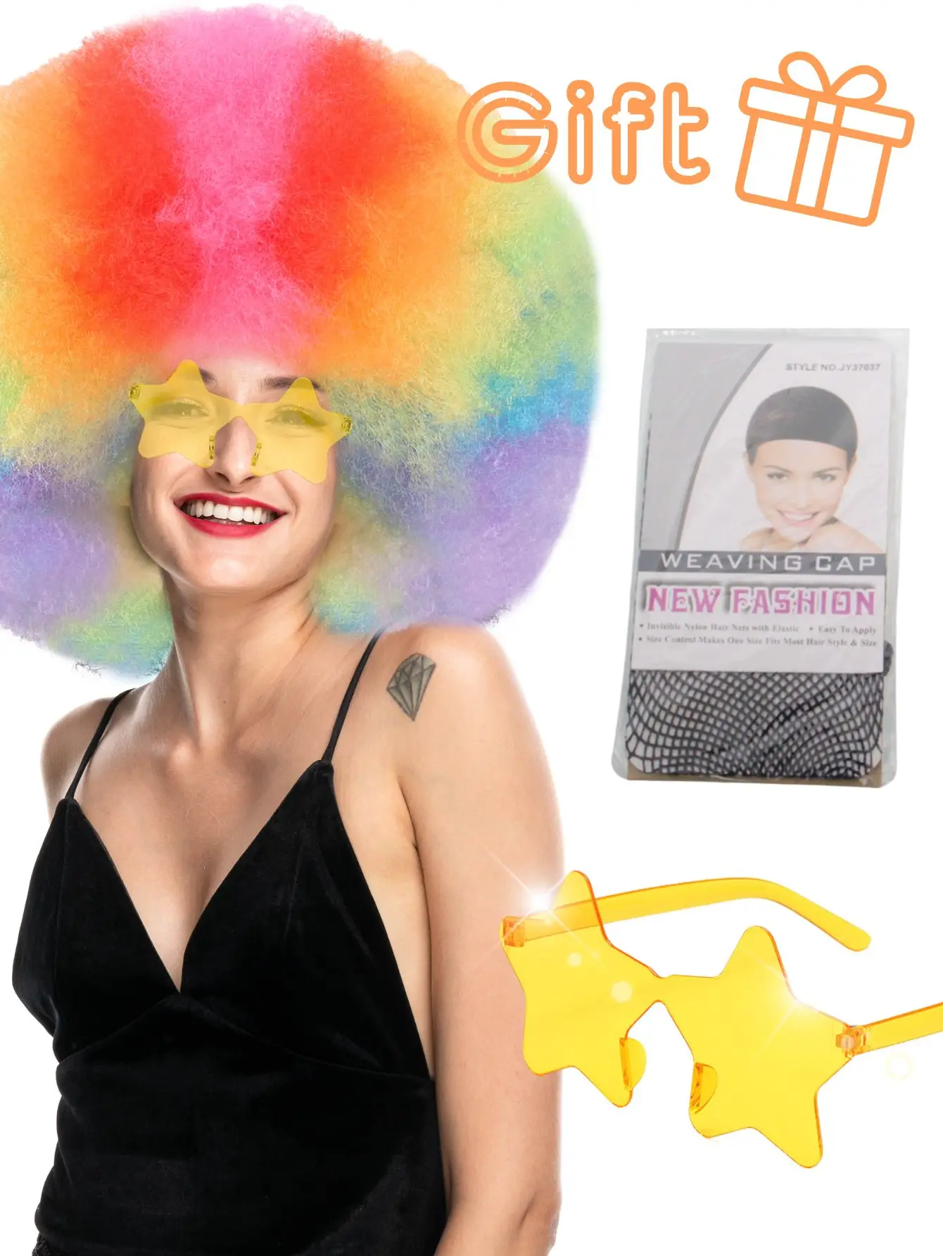 Oversized pluizig krullend haar pruik meerkleurig hittebestendig synthetische vezel met plus bril voor feest