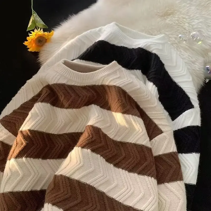 

Свободный полосатый трикотаж, длинный светящийся круглый свитер Ne для мужчин и женщин, осень-зима, повседневный модный бренд, полиэфирное волокно