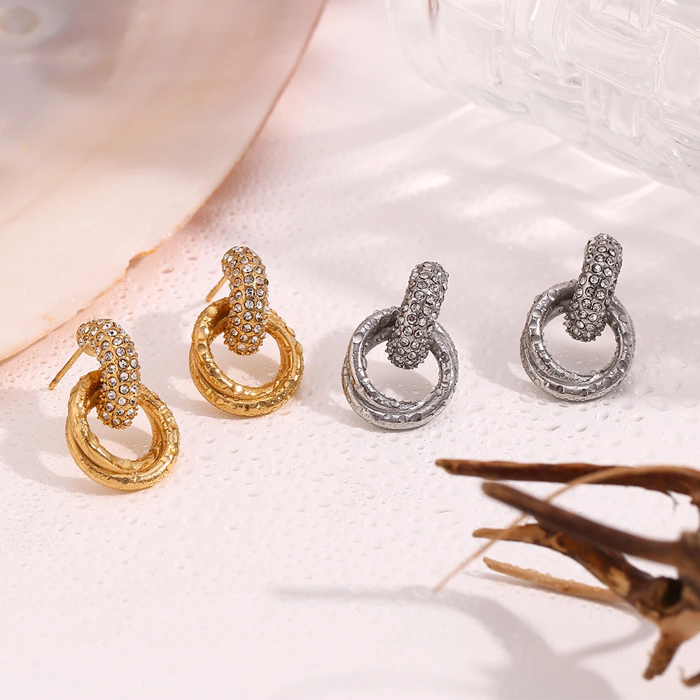 B. Belle Weißer Zirkon-Doppelring-Ohrstecker, einfacher Edelstahl-Schmuck für Frauen und Mädchen, Party, Alltag, wasserdicht – Detail 3