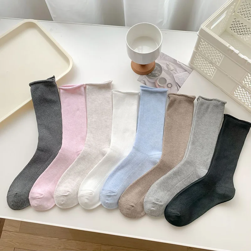 Frilly Ruffle Socks Loose White Socks Cotton Knitting Solid Color Long Black Pink Student Girls Socken Chaussettes Femmes Meias