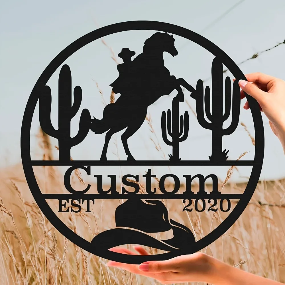 1PC Exclusive Tailorable Cowboy Themed Metal Wall Art Add Your Name To Western Style Sign with Cacti Lasso for Indoor Outdoor De