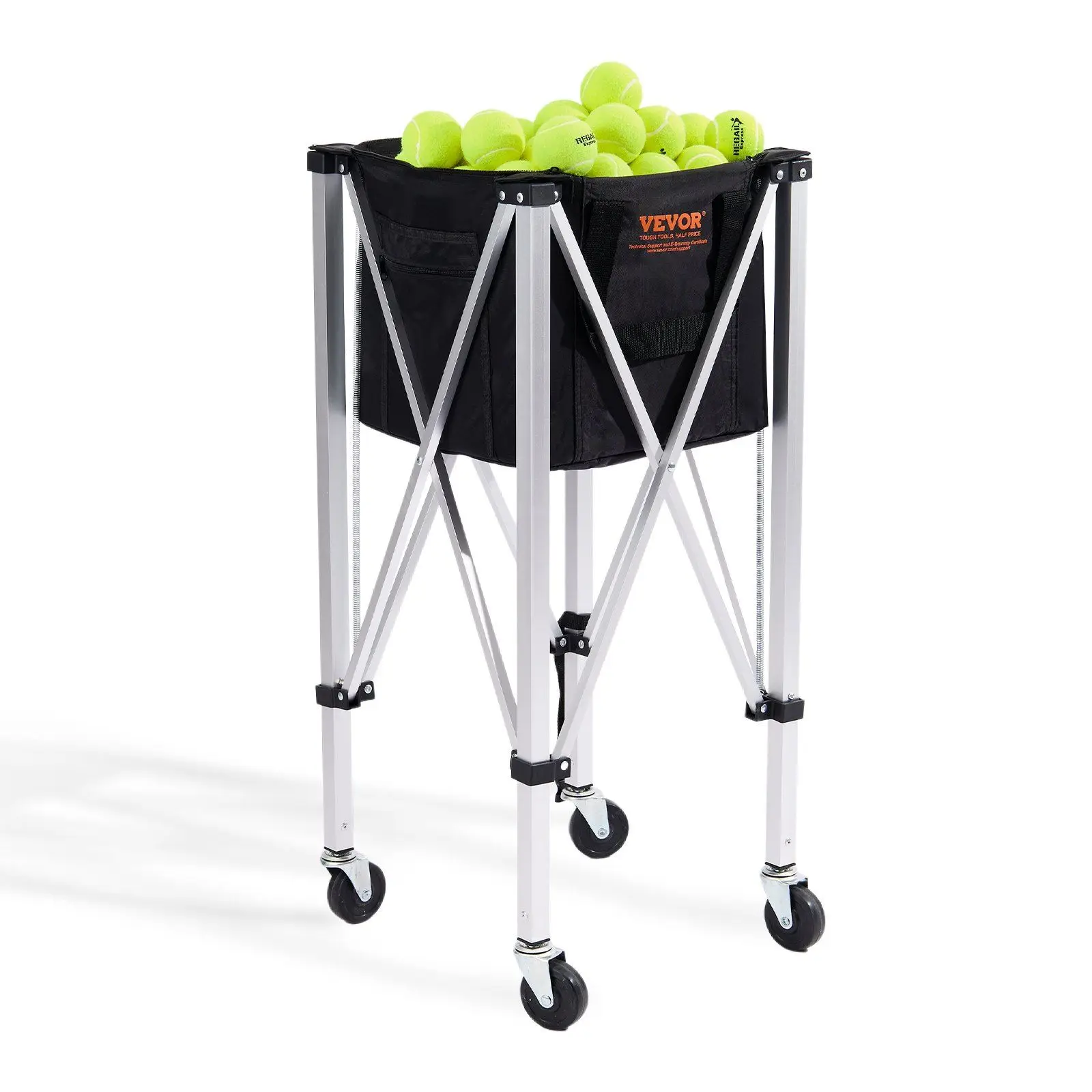 Foldable Tennis Ball Hopper Holds 180 Tennis Balls Lightweight Aluminum Alloy Tennis Ball Basket Cart with Wheels Removable B