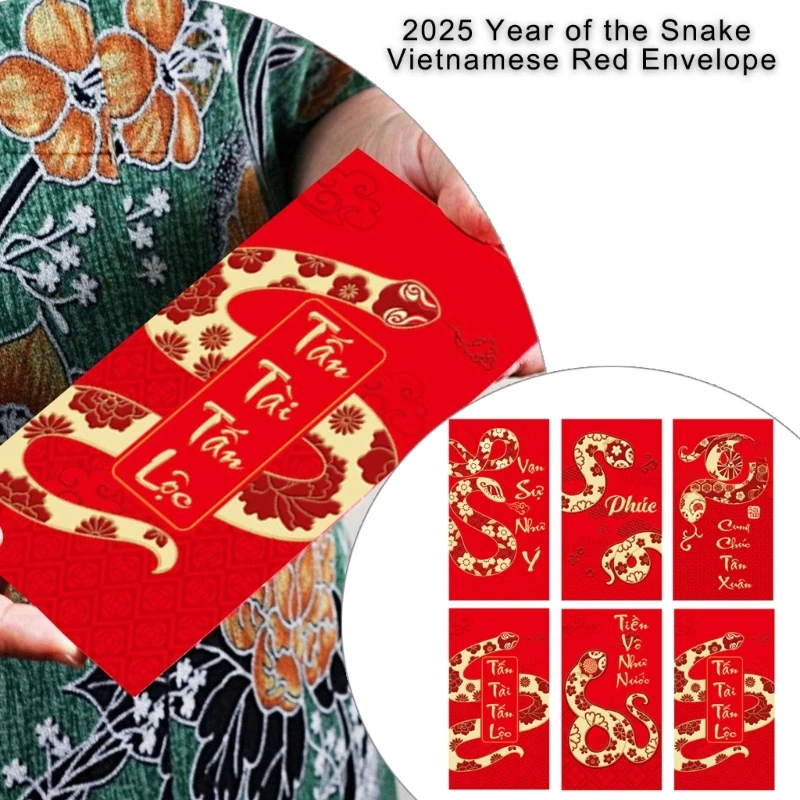 6 Pieces Traditional Lunar New Year Money Pockets 2025 Snake Themed Redness Envelopes for Family Use Chinese Hongbao drop ship