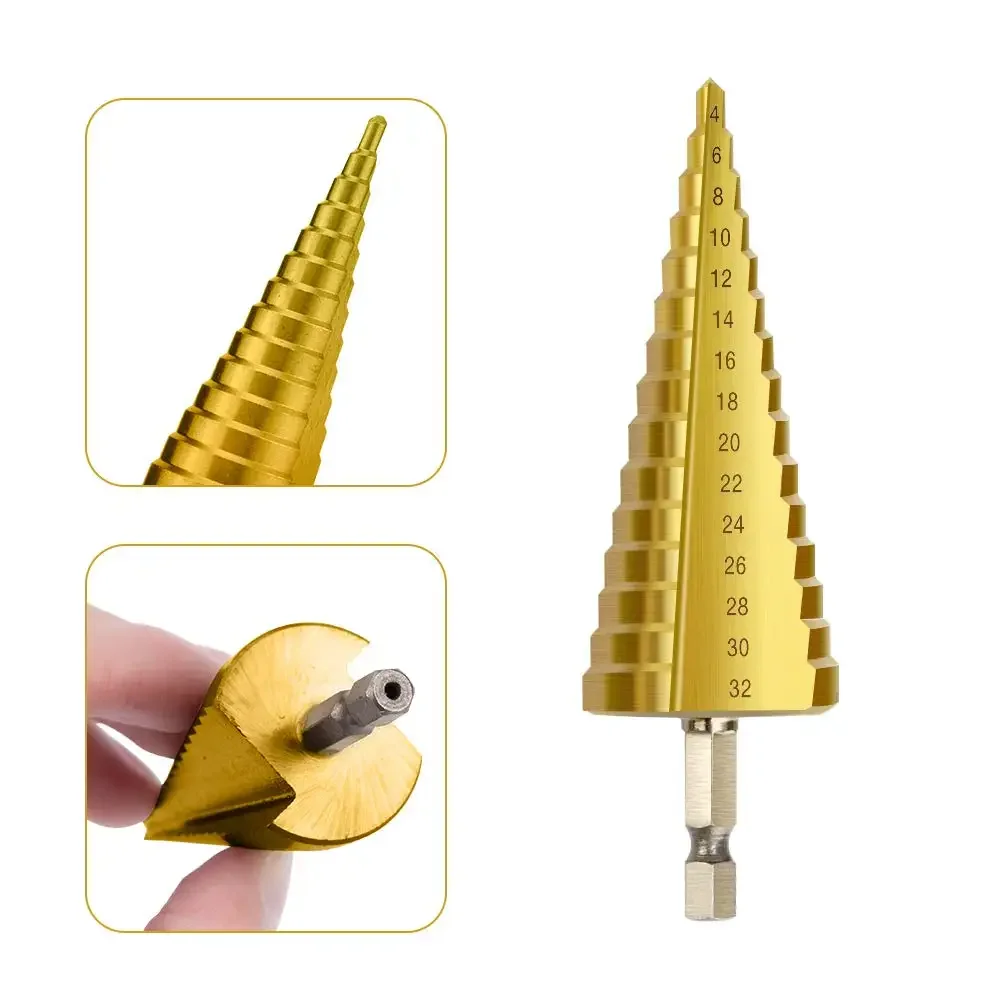 4-12/4-20/4-32mm Step Drill Titanium Plated Hexagonal Shank Straight Groove Pagoda Drill Drilling Tool Accessory Set Tool