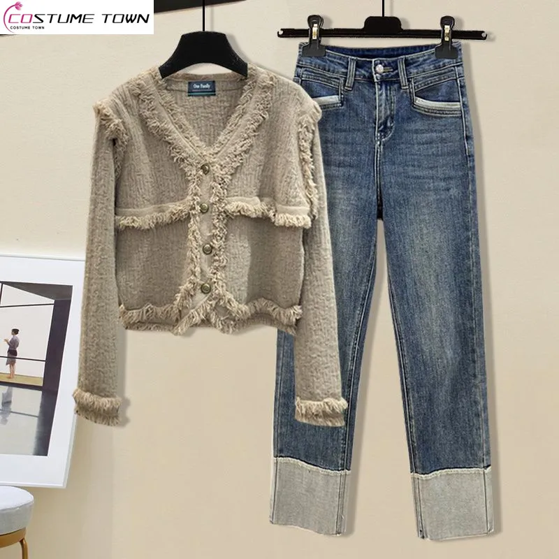 

Autumn Set 2023 New Large Women's Fashion and Elegance Slim Open Shirt High Waist Jeans Two Piece Set Trendy