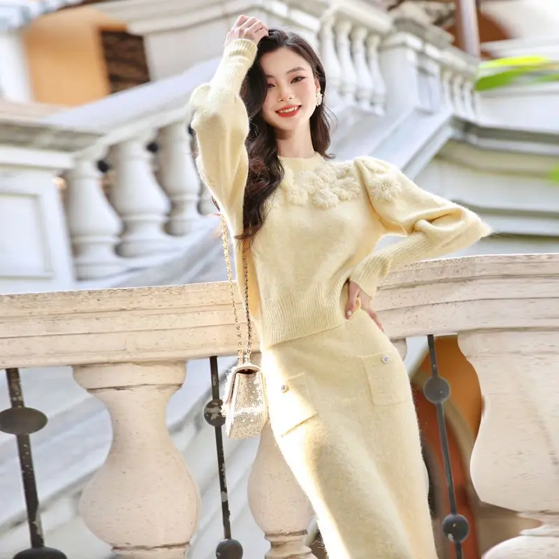 

Вязаный крючком цветочный комплект, женский свитер из двух предметов, платье-свитер из бисера, кремово-желтый, осветляющий кожу, вязаный костюм