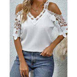 Fashionable Women's Blouse 2024 Summer New Solid Color Sexy Lace Patchwork Off Shoulder Short Sleeved Top Blusas Femininas